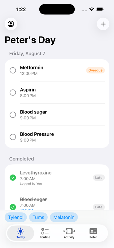 Tutti app showing today's care routine, with medications and measurements checked off as they're completed